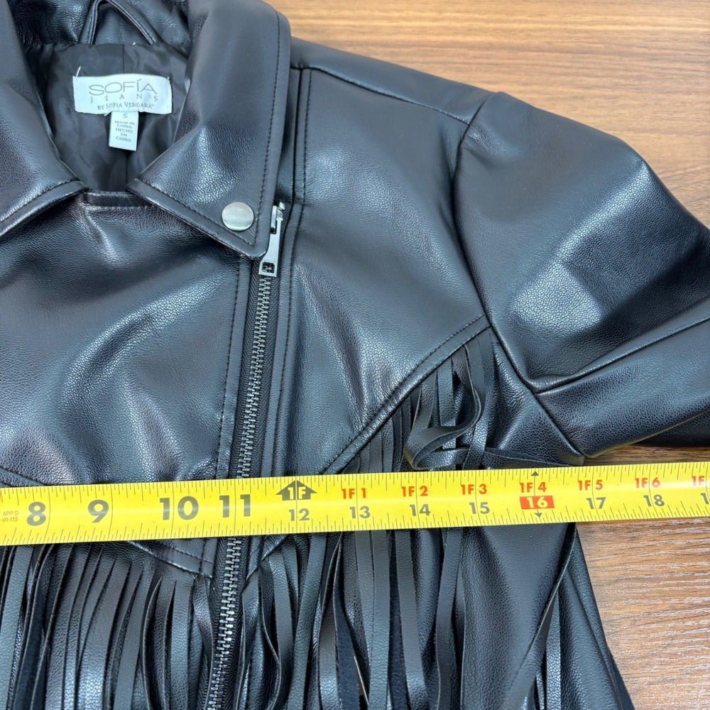 Sofia Jeans by Sofia Vergara Black Faux Leather Fringe Moto Jacket S Festival - Picture 9 of 12